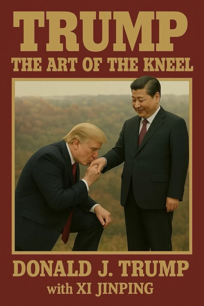 AI generated looking book cover with Donald J. Trump kneeling before the Chinese leader Xi Jinping and kissing his hand. The title of the book is Trump: The Art of the Kneel